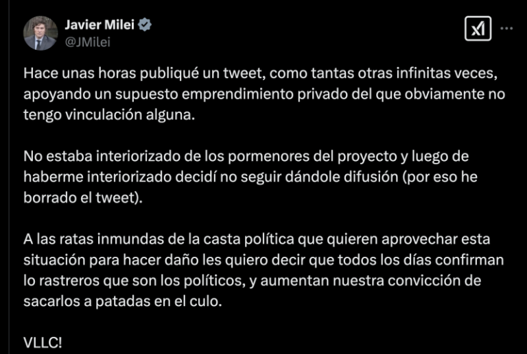 Después de sostenerlo por horas, Milei borró el tweet de la estafa cripto entre insultos