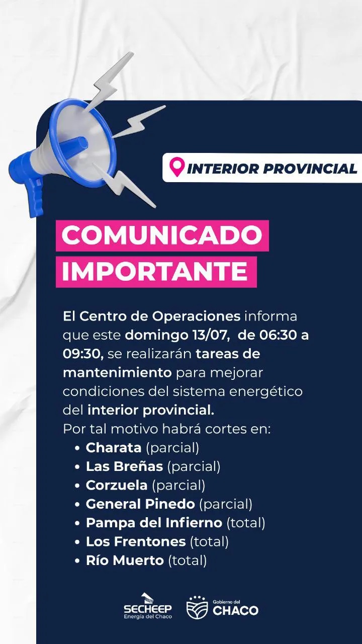 Este domingo Secheep realizará cortes programados en algunas localidades