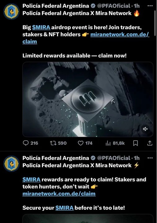 Insólito: hackearon la cuenta oficial de la Policía Federal para promocionar una criptomoneda