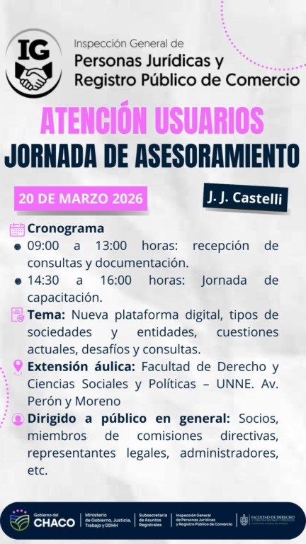 En Castelli: el Registro de Personas Jurídicas realizará un operativo territorial para trámites y asesoramiento